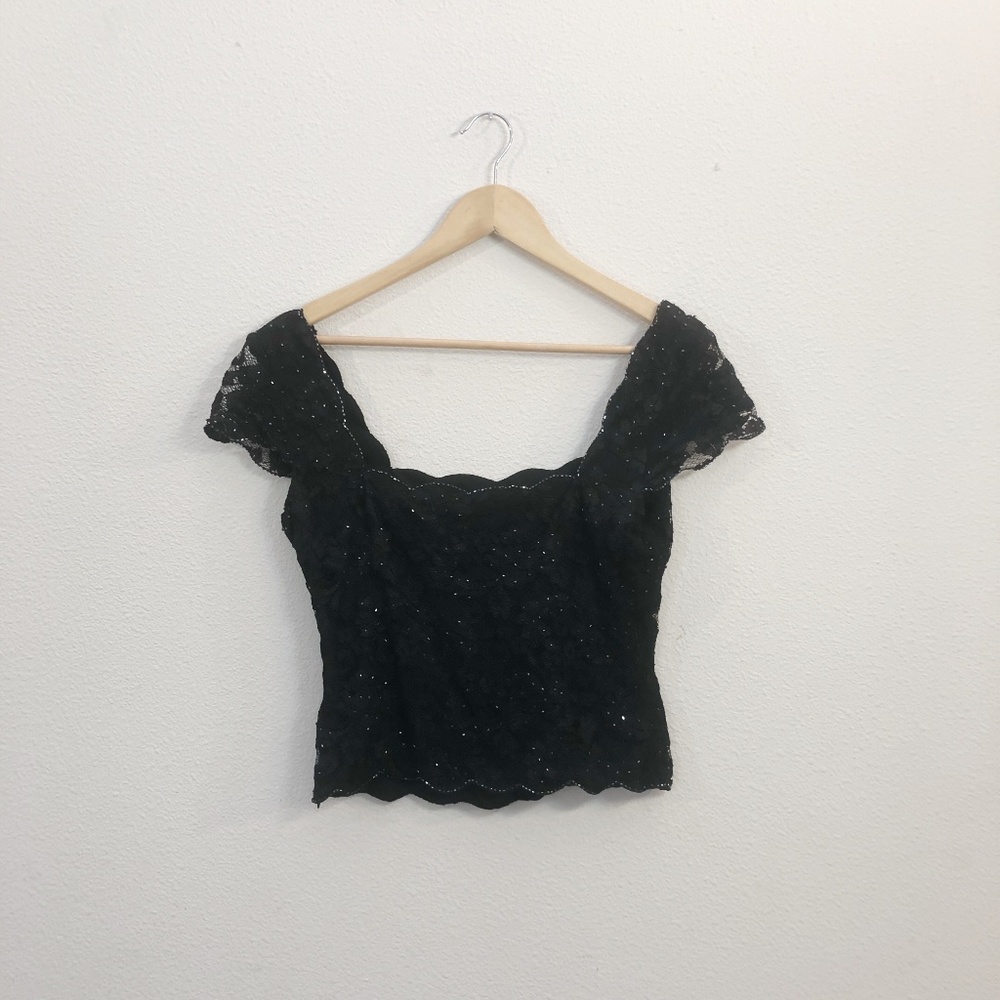 Caché | Vintage Beaded Lace Party Top | Black